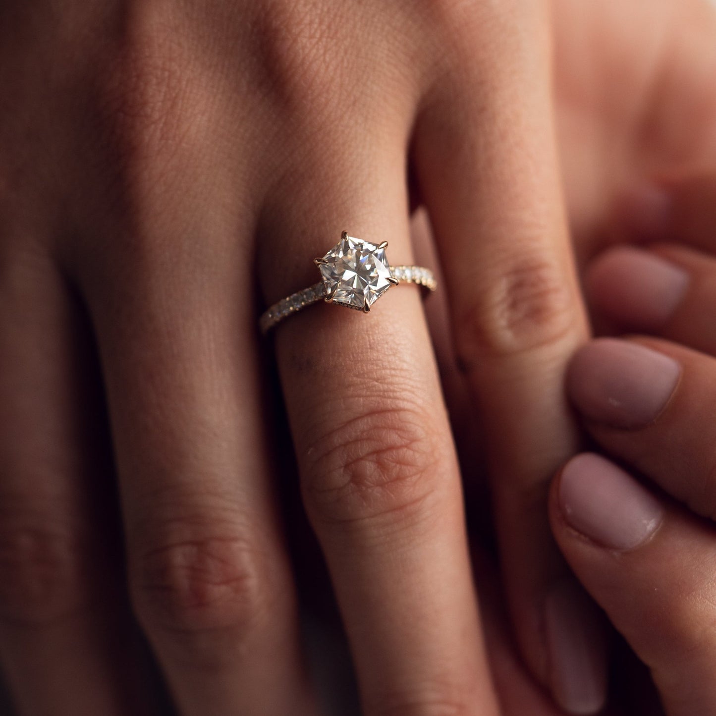 1.3 CT Hexagon Hidden Halo & Pave Moissanite Engagement Ring