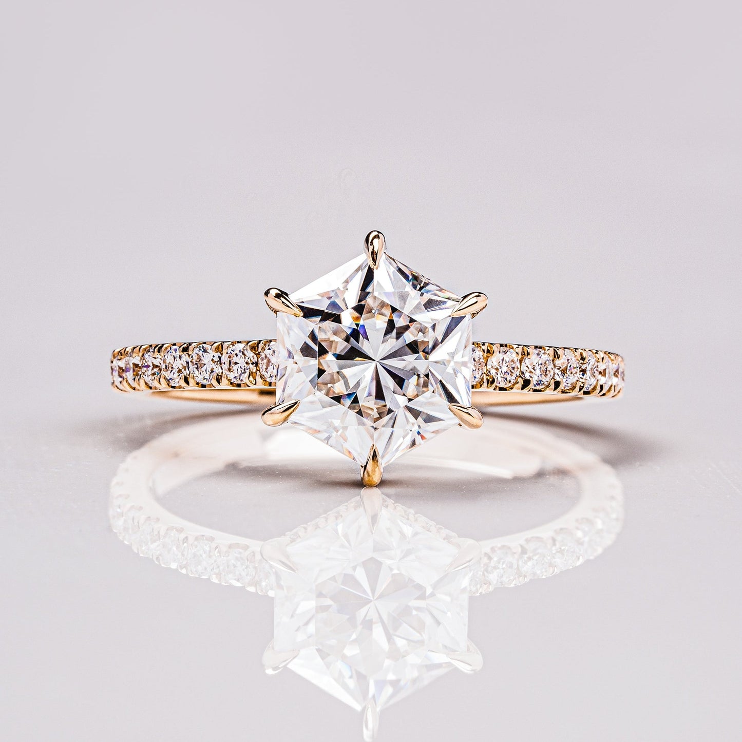 1.3 CT Hexagon Hidden Halo & Pave Moissanite Engagement Ring